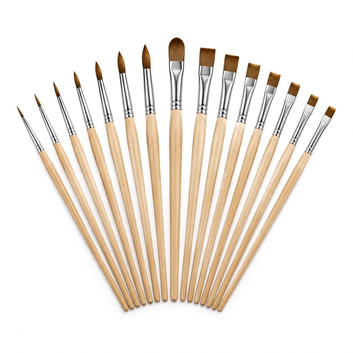 Fifteen paint brushes with natural wood handles, silver ferrules and brown hair fanned out in an arc: pointed rounds, a filbert and flats