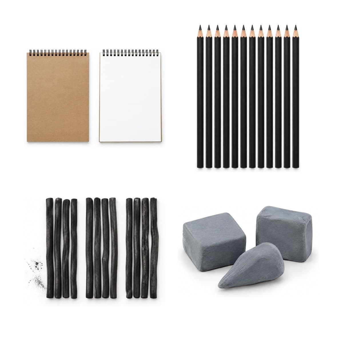 The pieces of the Sketch Kit together: graphite pencils, willow charcoal, kneaded erasers and two sketch pads