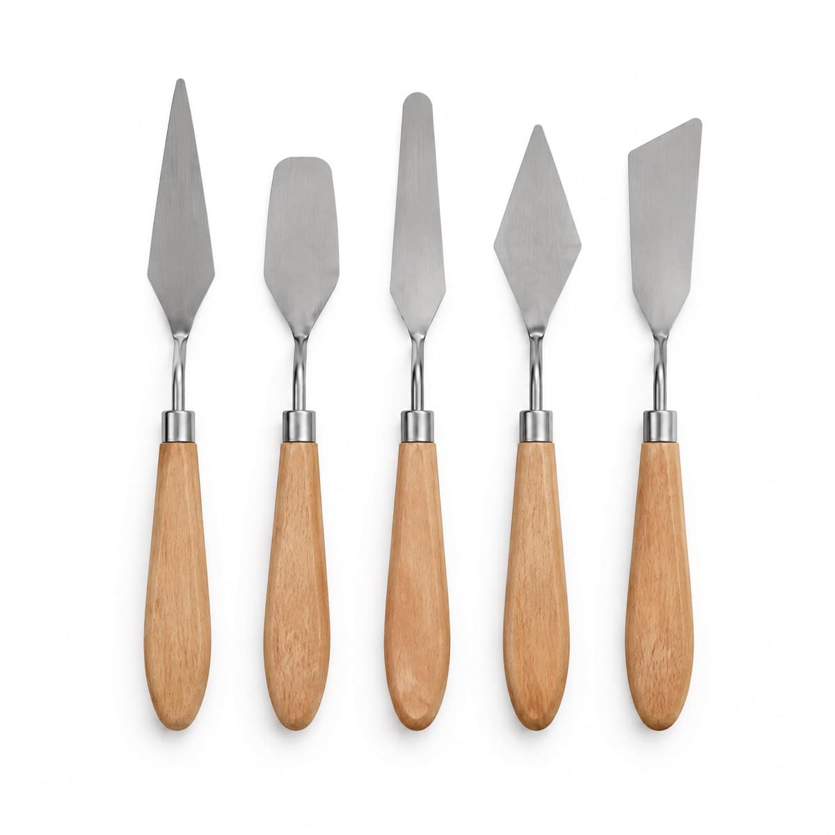 Five palette knives with wooden handles, bent steel shanks and differently shaped blades, side by side