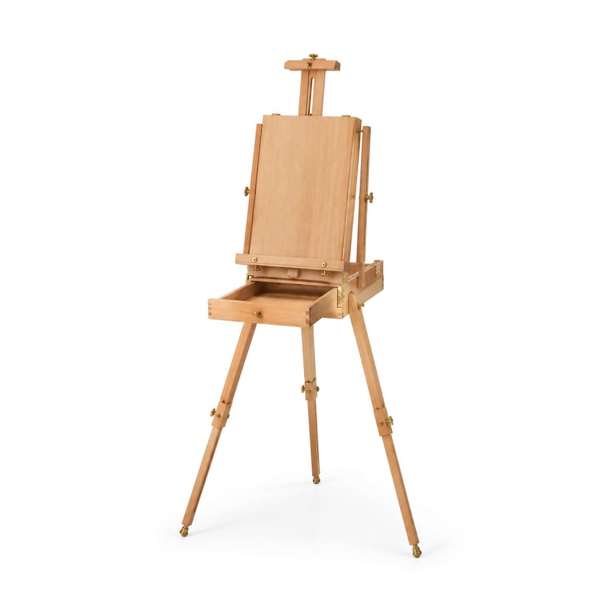 A beechwood sketch box easel on three telescoping legs with brass fittings, its drawer pulled out and the canvas holder raised above the box