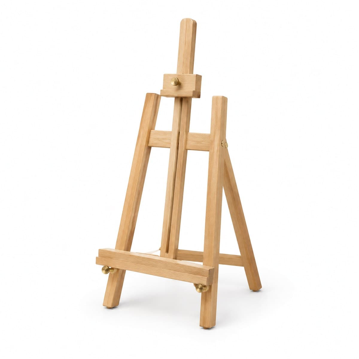 A small empty beechwood tabletop easel with a canvas ledge, a top clamp and brass-coloured knobs