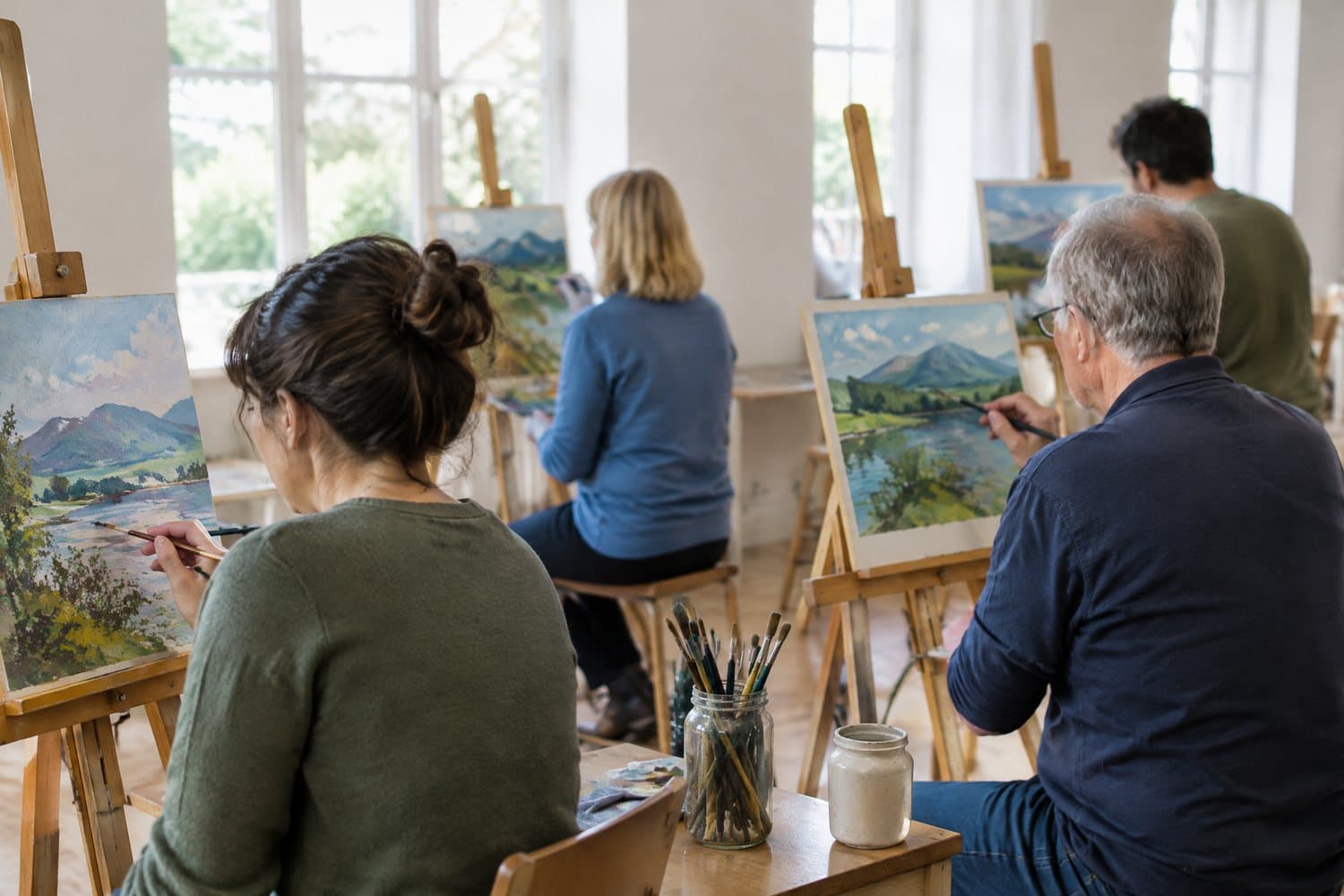 Four adults painting landscapes at wooden easels in a bright art class, seen from behind, with a glass jar of brushes and an empty white ceramic jar on a table in front