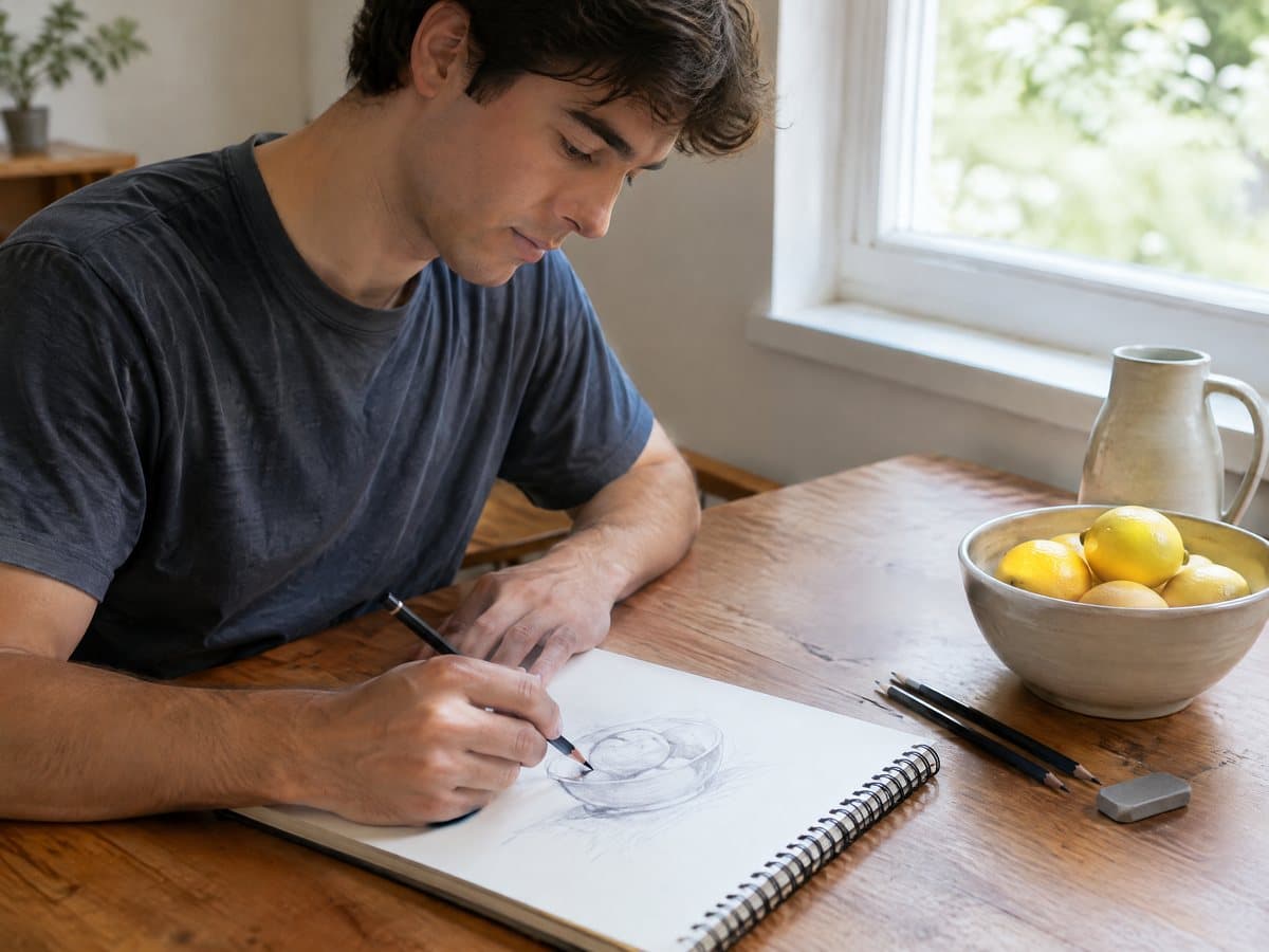 A young man drawing a bowl in a spiral sketch pad at a wooden table by a window, a bowl of lemons, a jug, two pencils and an eraser beside the pad