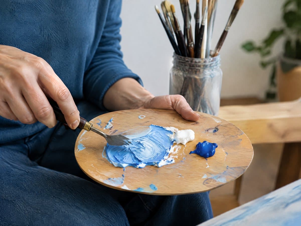 Hands mixing blue and white paint with a palette knife on a round wooden palette, brushes standing in a glass jar behind