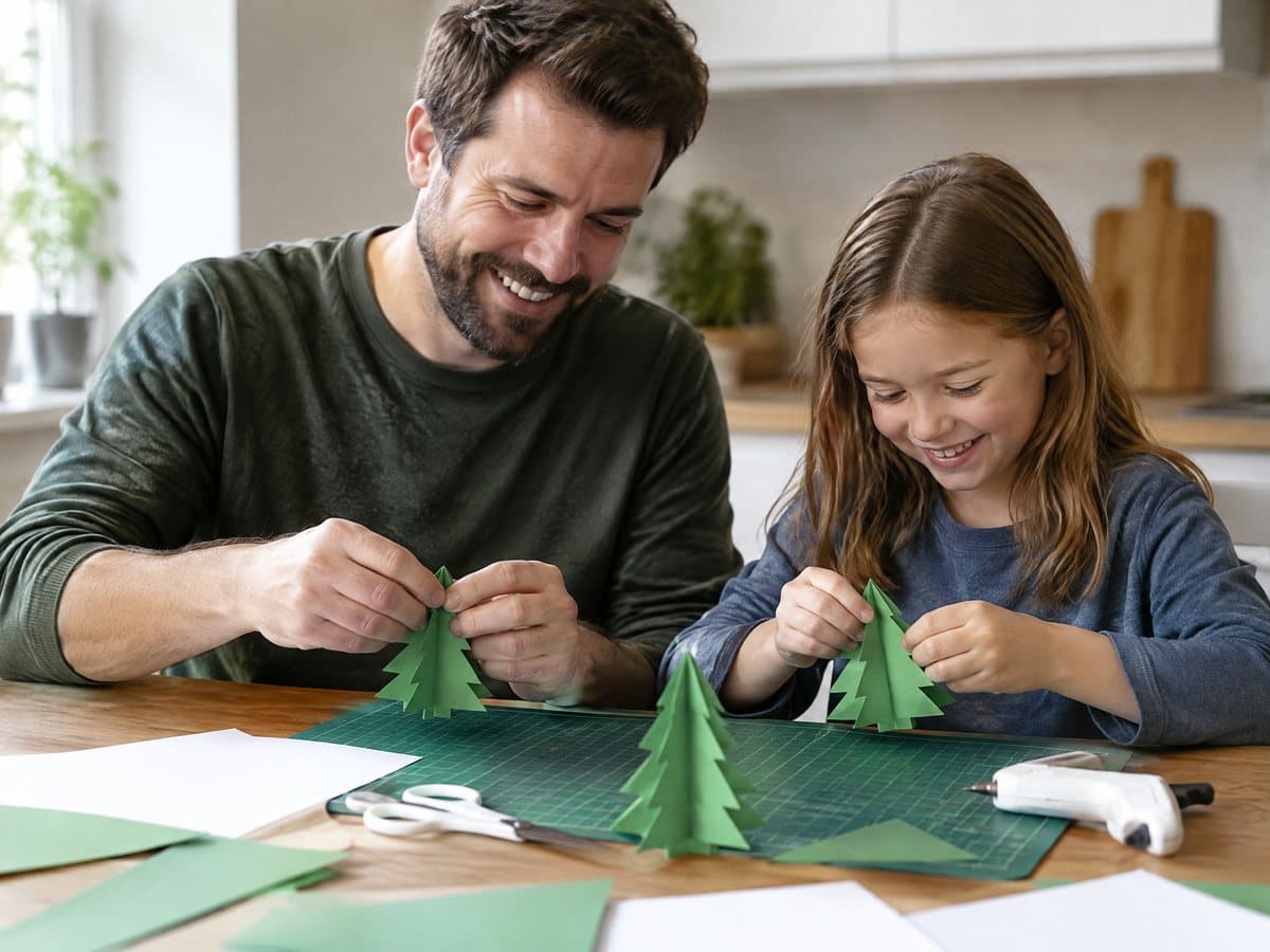 A father and his daughter folding green paper trees at a wooden kitchen table, with a green cutting mat, white and green paper, scissors and the front of a white glue gun at the right edge
